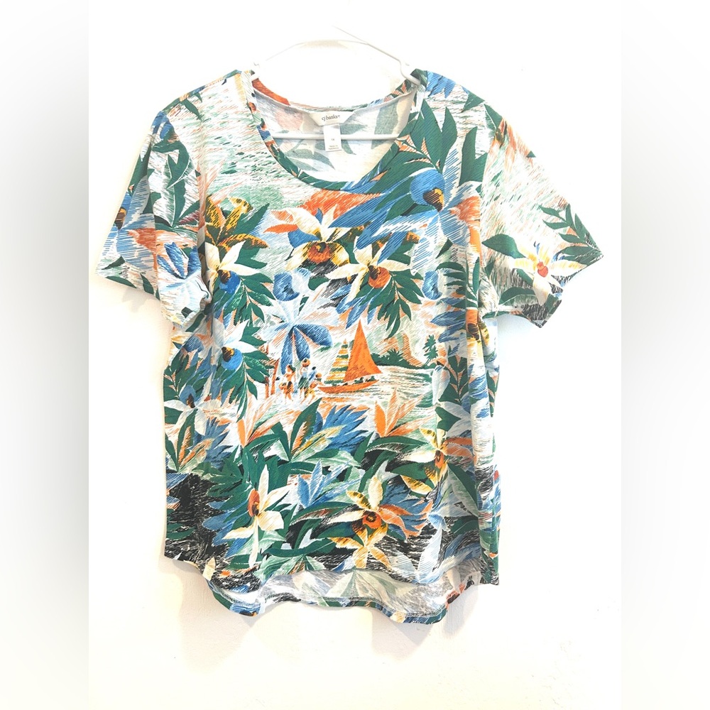 Chico's Scoop Neck Tropical Floral Tee in Green, Blue & Orange